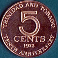 reverse of 5 Cents - Elizabeth II - 10th Anniversary of Independence (1972) coin with KM# 10 from Trinidad and Tobago. Inscription: TRINIDAD AND TOBAGO 5 CENTS 1972 TENTH ANNIVERSARY