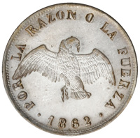 obverse of 20 Centavos (1860 - 1862) coin with KM# 125a from Chile. Inscription: POR LA RAZON O LA FUERZA 1862