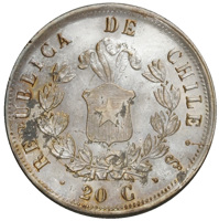 reverse of 20 Centavos (1860 - 1862) coin with KM# 125a from Chile. Inscription: REPUBLICA DE CHILE So 20 C