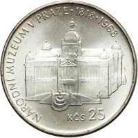 reverse of 25 Korun - 150th Anniversary - Prague National Museum (1968) coin with KM# 64 from Czechoslovakia. Inscription: NÁRODNÍ MUZEUM V PRAZE 1819 . 1968 KČS 25 M.KNOBLOCH