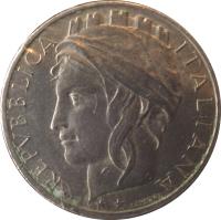 obverse of 100 Lire (1993 - 2001) coin with KM# 159 from Italy. Inscription: REPVBBLICA ITALIANA L.CRETARA