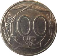 reverse of 100 Lire (1993 - 2001) coin with KM# 159 from Italy. Inscription: 100 LIRE R 1994