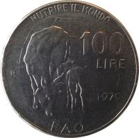 Italy coin 100 Lire - FAO (1979) reverse reverse of 100 Lire - FAO (1979) coin with KM# 106 from Italy. Inscription: NUTRIRE IL MONDO 100 LIRE FAO