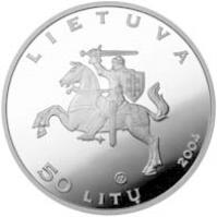 obverse of 50 Litų - Curonian spit UNESCO World Heritage (2004) coin with KM# 141 from Lithuania. Inscription: LIETUVA 50 LITŲ 2004.