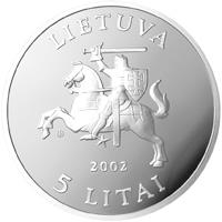 obverse of 5 Litai - Endangered Wildlife: Lithuanian Barn Owl (2002) coin with KM# 132 from Lithuania. Inscription: LIETUVA 5 LITAI 2002