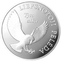 reverse of 5 Litai - Endangered Wildlife: Lithuanian Barn Owl (2002) coin with KM# 132 from Lithuania. Inscription: LIEPSNOTOJI PELĖDA TYTO ALBA