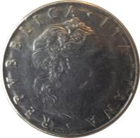 Italy coin 50 Lire - Larger (1954 - 1989) obverse obverse of 50 Lire - Larger (1954 - 1989) coin with KM# 95.1 from Italy. Inscription: REPVBLICA · ITALIANA · ROMAGNOLI GIAMPAOLI.INC