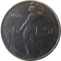 reverse of 50 Lire - Larger (1954 - 1989) coin with KM# 95.1 from Italy. Inscription: 1973 R L.50