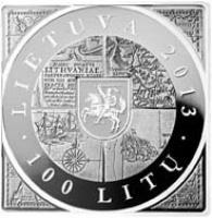 Lithuania coin 100 Litų - 400th anniversary of the issuance of the first map of the Grand Duchy of Lithuania (2013) obverse obverse of 100 Litų - 400th anniversary of the issuance of the first map of the Grand Duchy of Lithuania (2013) coin with KM# 198 from Lithuania. Inscription: LIETUVA 2013 100 LITŲ