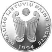 reverse of 10 Litų - World Lithuanians Song Festival (1994) coin with KM# 96 from Lithuania. Inscription: PASAULIO LIETUVIŲ DAINŲ ŠVENTĖ 1994