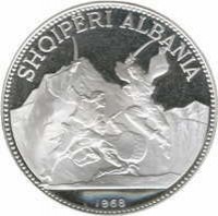 Albania coin 25 Lekë - 500th Anniversary of Skanderbeg's Death: Skanderbeg's Victory over the Turks (1968 - 1970) reverse reverse of 25 Lekë - 500th Anniversary of Skanderbeg's Death: Skanderbeg's Victory over the Turks (1968 - 1970) coin with KM# 52 from Albania. Inscription: SHQIPËRI ALBANIA 1968