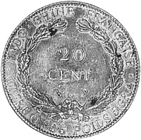 French Indochina coin 20 Centimes (1909) reverse reverse of 20 Centimes (1909) coin with KM# 13 from French Indochina. Inscription: INDO-CHINE FRANÇAISE 20 CENT. ·TITRE 0.900 . POIDS 5 GR 4·