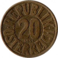 reverse of 20 Groschen (1950 - 1954) coin with KM# 2877 from Austria. Inscription: · REPUBLIK · 20 1951 ÖSTEREICH