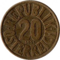 Austria coin 20 Groschen (1950 - 1954) reverse reverse of 20 Groschen (1950 - 1954) coin with KM# 2877 from Austria. Inscription: · REPUBLIK · 20 1951 ÖSTEREICH