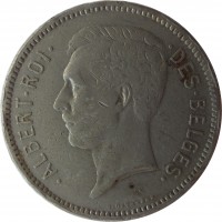 obverse of 1 Belga / 5 Francs - Albert I - French text (1930 - 1934) coin with KM# 97 from Belgium. Inscription: · ALBERT · ROI · · DES · BELGES · G. Devreese