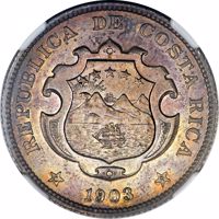 obverse of 50 Céntimos (1902 - 1914) coin with KM# 143 from Costa Rica. Inscription: REPUBLICA DE COSTA RICA 1902