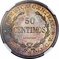 reverse of 50 Céntimos (1902 - 1914) coin with KM# 143 from Costa Rica. Inscription: AMERICA CENTRAL 50 CENTIMOS 900 M