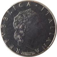 obverse of 50 Lire - Smaller (1990 - 1995) coin with KM# 95.2 from Italy. Inscription: REPUBLICA · ITALIANA ROMAGNOLI GIAMPAOLI INC.
