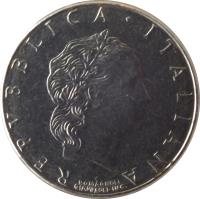 Italy coin 50 Lire - Smaller (1990 - 1995) obverse obverse of 50 Lire - Smaller (1990 - 1995) coin with KM# 95.2 from Italy. Inscription: REPUBLICA · ITALIANA ROMAGNOLI GIAMPAOLI INC.