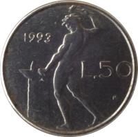 reverse of 50 Lire - Smaller (1990 - 1995) coin with KM# 95.2 from Italy. Inscription: 1992 R L.50