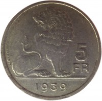 reverse of 5 Francs - Leopold III - BELGIE-BELGIQUE (1938 - 1939) coin with KM# 117 from Belgium. Inscription: 5 FR F. WIJNANTS 1939