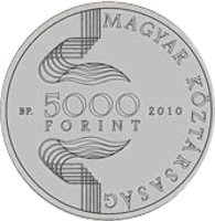 obverse of 5000 Forint - European Watersport Championships (2010) coin with KM# 821 from Hungary. Inscription: MAGYAR KÖZTÁRSASÁG BP. 5000 FORINT 2010