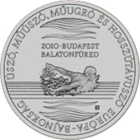 reverse of 5000 Forint - European Watersport Championships (2010) coin with KM# 821 from Hungary. Inscription: ÚSZÓ, MŰÚSZÓ, MŰUGRÓ ÉS NYÍLTVÍZI ÚSZÓ EURÓPA-BAJNOKSÁG 2010-BUDAPEST BALATONFÜRED