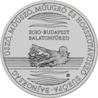 Hungary coin 5000 Forint - European Watersport Championships (2010) reverse reverse of 5000 Forint - European Watersport Championships (2010) coin with KM# 821 from Hungary. Inscription: ÚSZÓ, MŰÚSZÓ, MŰUGRÓ ÉS NYÍLTVÍZI ÚSZÓ EURÓPA-BAJNOKSÁG 2010-BUDAPEST BALATONFÜRED