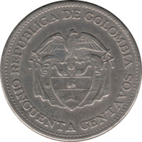 obverse of 50 Centavos - 150th Anniversary of the Proclamation of Independence of Colombia (1960) coin with KM# 223 from Colombia. Inscription: REPUBLICA DE COLOMBIA CINCUENTA CENTAVOS