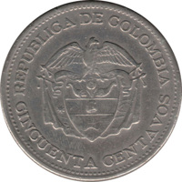 Colombia coin 50 Centavos - 150th Anniversary of the Proclamation of Independence of Colombia (1960) obverse obverse of 50 Centavos - 150th Anniversary of the Proclamation of Independence of Colombia (1960) coin with KM# 223 from Colombia. Inscription: REPUBLICA DE COLOMBIA CINCUENTA CENTAVOS