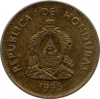 Honduras coin 5 Centavos - Non magnetic (1995 - 2007) obverse obverse of 5 Centavos - Non magnetic (1995 - 2007) coin with KM# 72.4 from Honduras. Inscription: REPUBLICA DE HONDURAS 2002 REPUBLICA DE HONDURAS. LIBRE, SOBERANA E INDEPENDIENTE 15 DE SEPTIEMBRE 1821