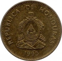 obverse of 5 Centavos - Non magnetic (1995 - 2007) coin with KM# 72.4 from Honduras. Inscription: REPUBLICA DE HONDURAS 2002 REPUBLICA DE HONDURAS. LIBRE, SOBERANA E INDEPENDIENTE 15 DE SEPTIEMBRE 1821