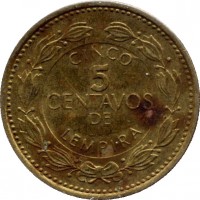Honduras coin 5 Centavos - Non magnetic (1995 - 2007) reverse reverse of 5 Centavos - Non magnetic (1995 - 2007) coin with KM# 72.4 from Honduras. Inscription: CINCO 5 CENTAVOS DE LEMPIRA