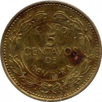 reverse of 5 Centavos - Non magnetic (1995 - 2007) coin with KM# 72.4 from Honduras. Inscription: CINCO 5 CENTAVOS DE LEMPIRA