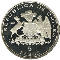 Chile coin 5 Pesos - 150th Anniversary of Naval Academy (1968) reverse reverse of 5 Pesos - 150th Anniversary of Naval Academy (1968) coin with KM# 182 from Chile. Inscription: REPUBLICA DE CHILE 1968 So 5 PESOS