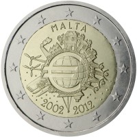 Malta coin 2 Euro - 10 Years of Euro Cash (2012) obverse obverse of 2 Euro - 10 Years of Euro Cash (2012) coin with KM# 139 from Malta. Inscription: MALTA A.H. 2002 2012