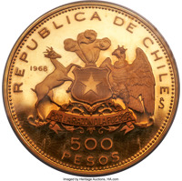 reverse of 500 Pesos - 150th Anniversary of National Flag (1968) coin with KM# 187 from Chile. Inscription: REPUBLICA DE CHILE 1968 So 500 PESOS