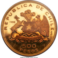 Chile coin 500 Pesos - 150th Anniversary of National Flag (1968) reverse reverse of 500 Pesos - 150th Anniversary of National Flag (1968) coin with KM# 187 from Chile. Inscription: REPUBLICA DE CHILE 1968 So 500 PESOS