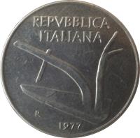 obverse of 10 Lire (1951 - 2001) coin with KM# 93 from Italy. Inscription: REPVBBLICA ITALIANA R 1974