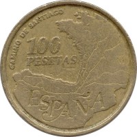 reverse of 100 Pesetas - Juan Carlos I - Way of St. James (1993) coin with KM# 922 from Spain. Inscription: CAMINO DE SANTIAGO 100 PESETAS ESPAÑA