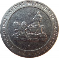 Spain coin 200 Pesetas - Juan Carlos I - Madrid European Capital of Culture (1991) reverse reverse of 200 Pesetas - Juan Carlos I - Madrid European Capital of Culture (1991) coin with KM# 884 from Spain. Inscription: MADRID 1992 CAPITAL EUROPEA DE LA CULTURA M 200 PTAS