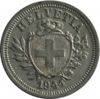 obverse of 1 Rappen (1942 - 1946) coin with KM# 3a from Switzerland. Inscription: HELVETIA 1944