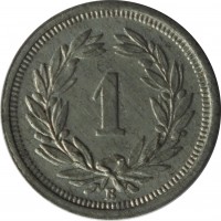 reverse of 1 Rappen (1942 - 1946) coin with KM# 3a from Switzerland. Inscription: 1 B