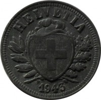 obverse of 2 Rappen (1942 - 1946) coin with KM# 4.2b from Switzerland. Inscription: HELVETIA 1942