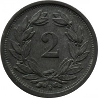 reverse of 2 Rappen (1942 - 1946) coin with KM# 4.2b from Switzerland. Inscription: 2 B