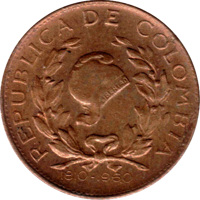 Colombia coin 1 Centavo - 150th Anniversary of the Proclamation of Independence of Colombia (1960) obverse obverse of 1 Centavo - 150th Anniversary of the Proclamation of Independence of Colombia (1960) coin with KM# 218 from Colombia. Inscription: REPUBLICA DE COLOMBIA LIBERTAD 1810-1960