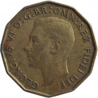 obverse of 3 Pence - George VI - Without IND:IMP (1949 - 1952) coin with KM# 873 from United Kingdom. Inscription: GEORGIVS VI D:G:BR:OMN:REX FIDEI DEF.