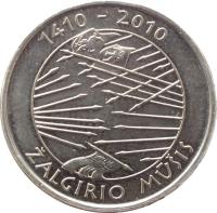 Lithuania coin 1 Litas - 600th Anniversary of the Battle of Grunwald (2010) reverse reverse of 1 Litas - 600th Anniversary of the Battle of Grunwald (2010) coin with KM# 172 from Lithuania. Inscription: ŽALGIRIO MUSIS 1410-2010