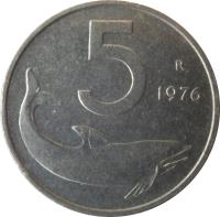 reverse of 5 Lire (1951 - 2001) coin with KM# 92 from Italy. Inscription: 5 R 1953