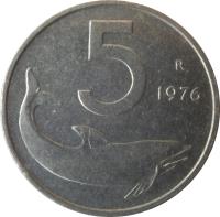 Italy coin 5 Lire (1951 - 2001) reverse reverse of 5 Lire (1951 - 2001) coin with KM# 92 from Italy. Inscription: 5 R 1953